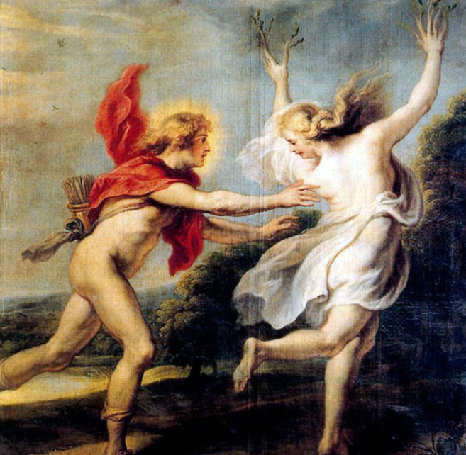 Apolo persiguiendo a Dafne cegado de amor por Eros-Cupido